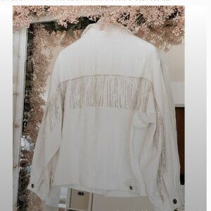 Untamed Petal White Denim Rhinestone Fringe Jacket